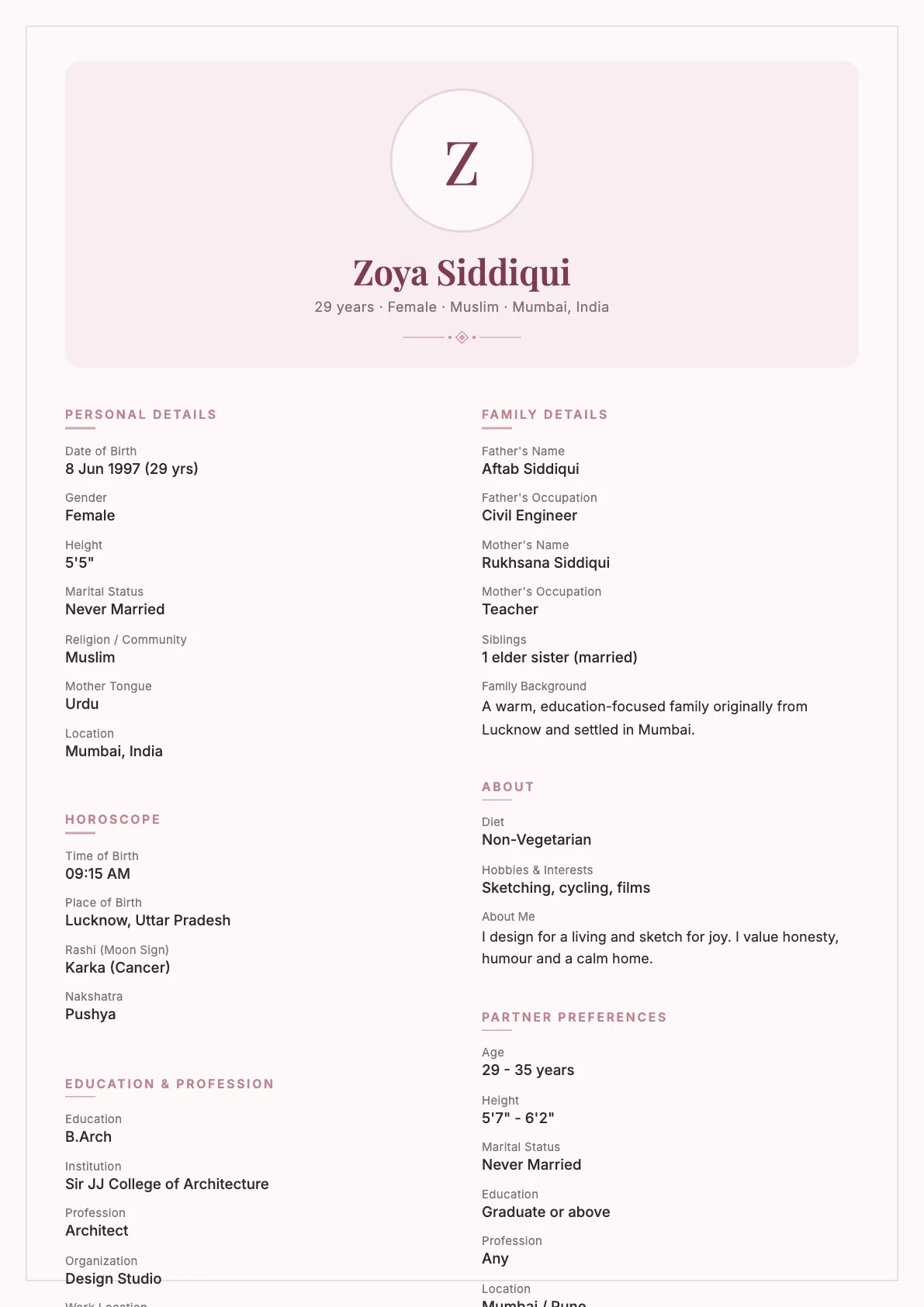 Modern Compact Biodata Template in Deep Rose
