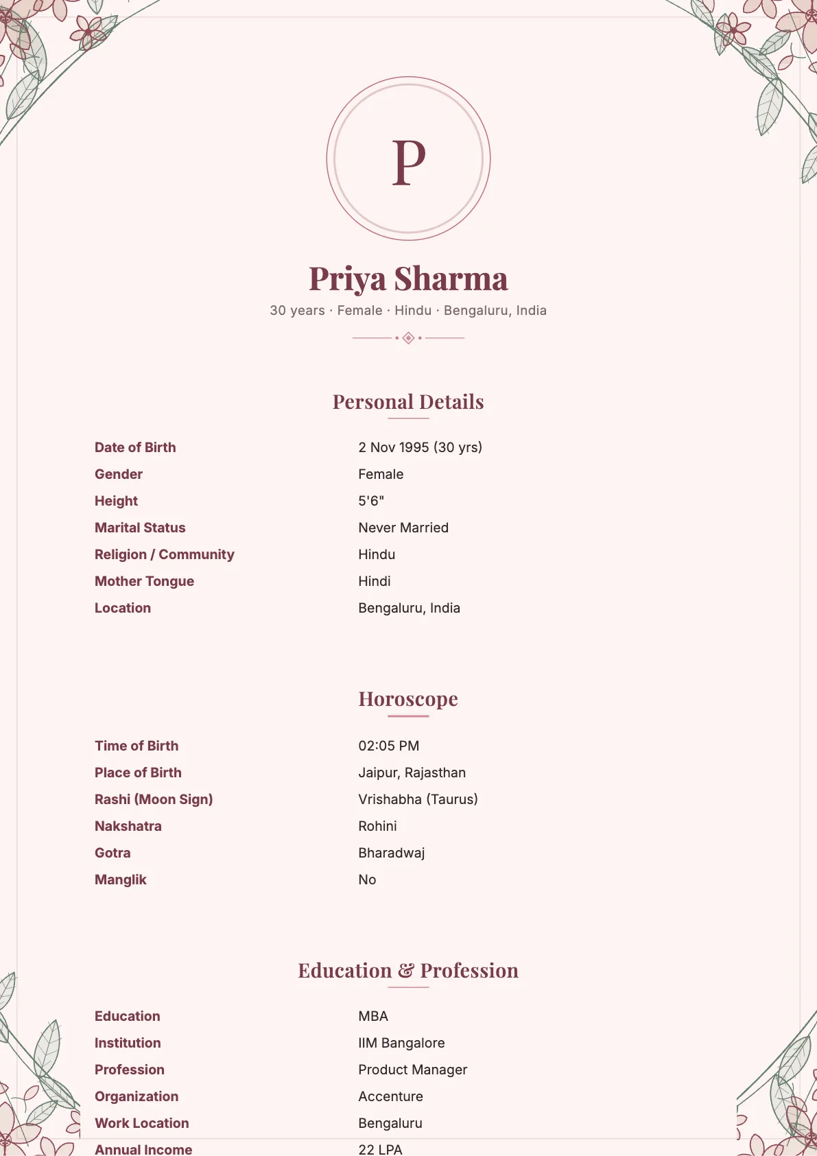 Royal Bloom marriage biodata template