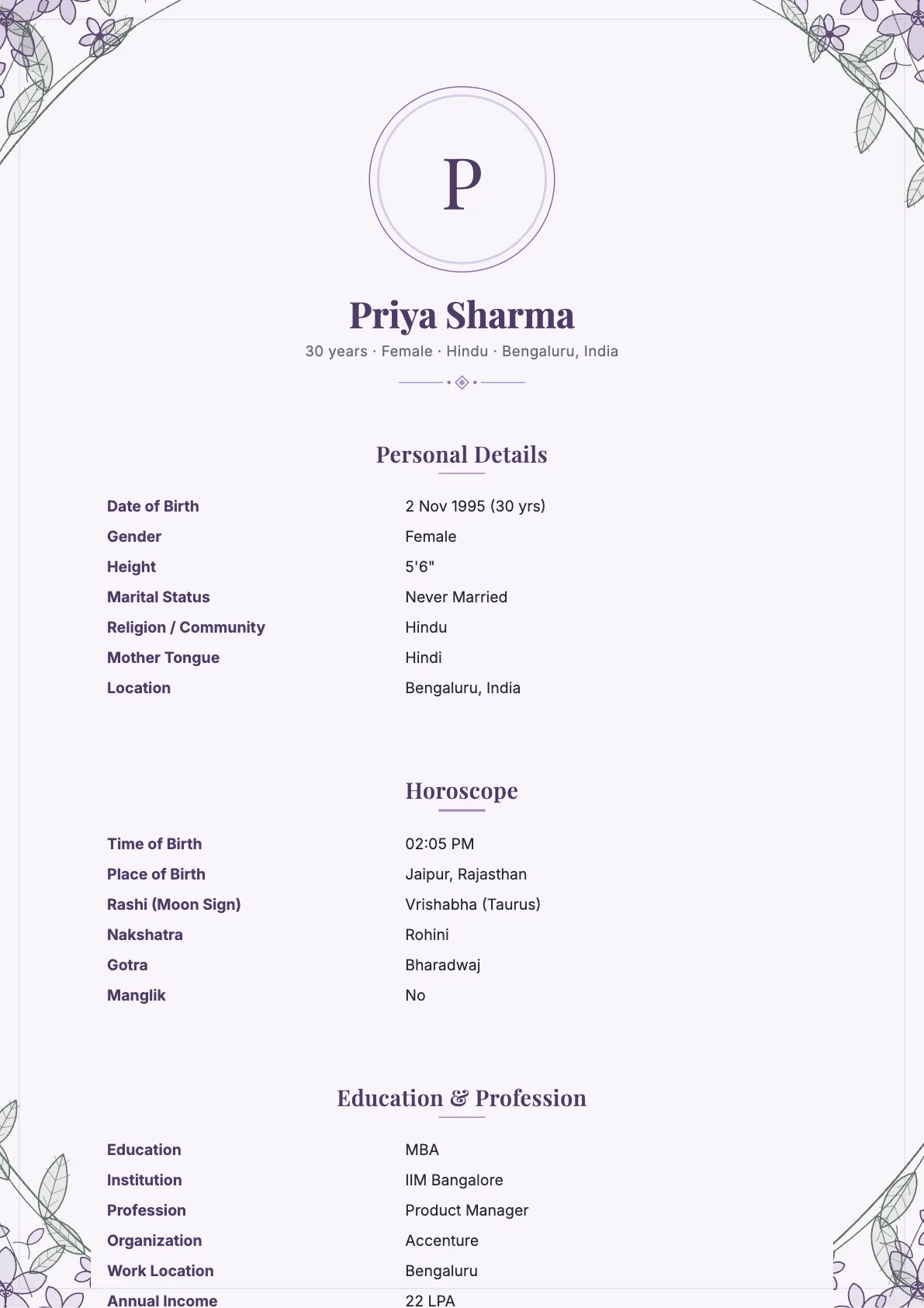 Royal Bloom Biodata Template in Lilac