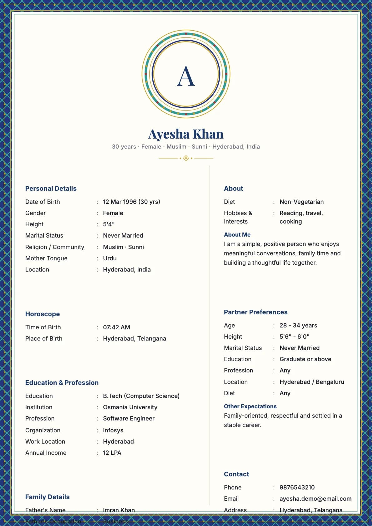 Royal Mosaic marriage biodata template
