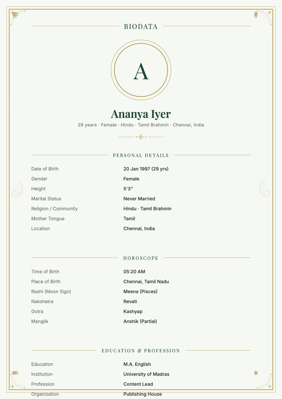 Traditional Premium Biodata Template in Emerald