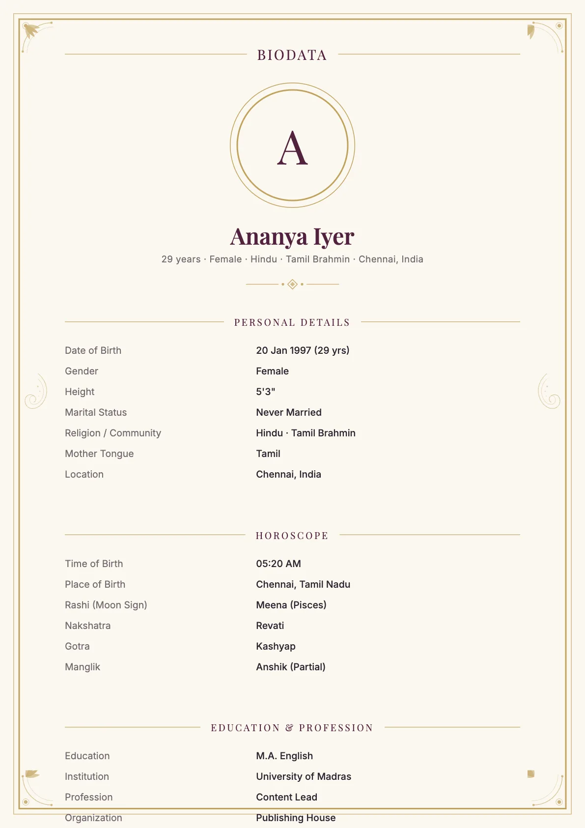 Traditional Premium marriage biodata template